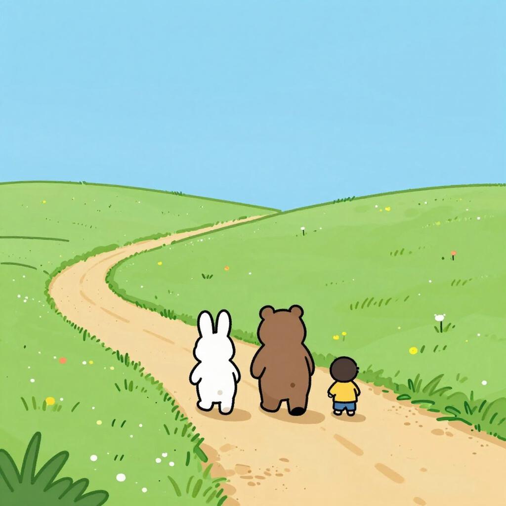 Uma ilustração de livro de histórias colorida representando três figuras simplificadas caminhando juntas ao longo de um caminho ensolarado e sinuoso, indicando movimento contínuo em direção à distância.