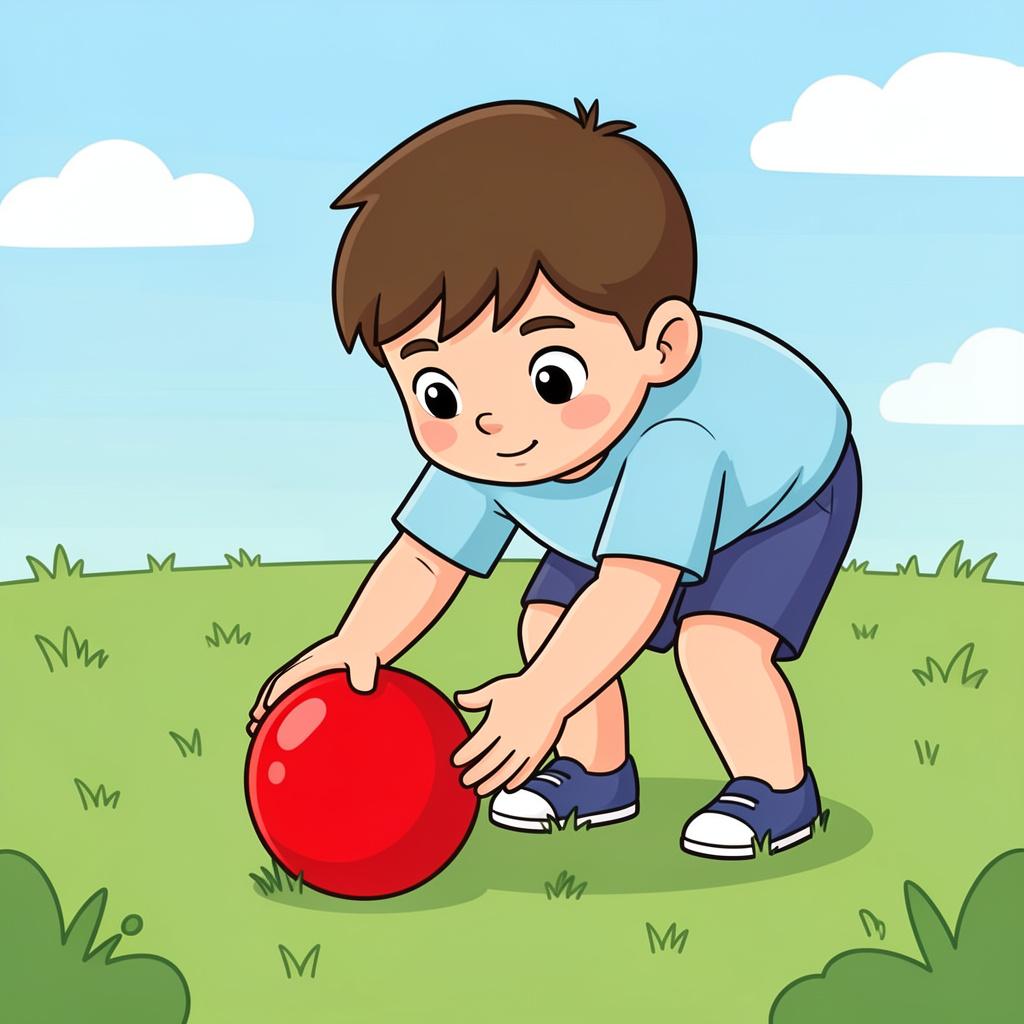 A child bending over to pick up a colorful toy ball from a green lawn.