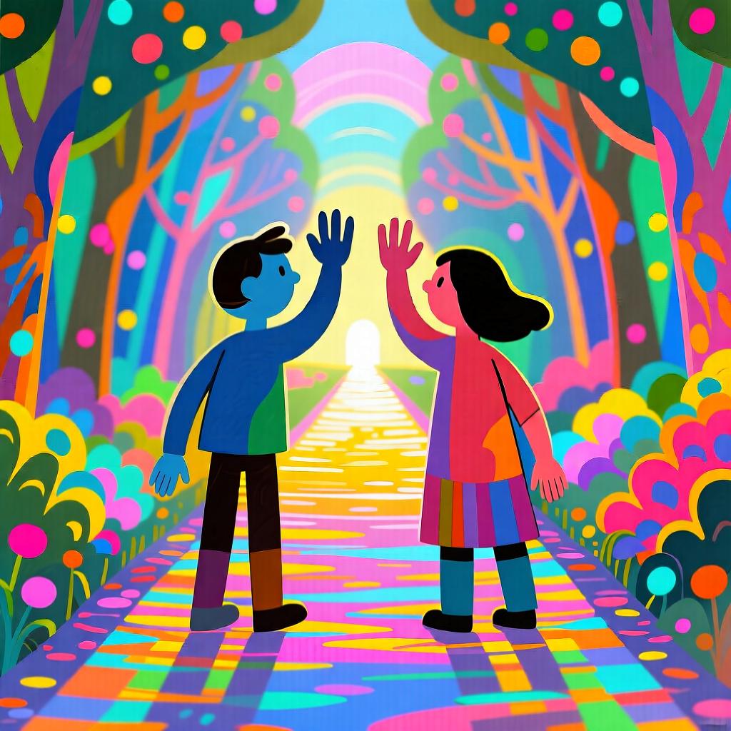 Two stylized figures waving goodbye to each other at the end of a brightly lit path.