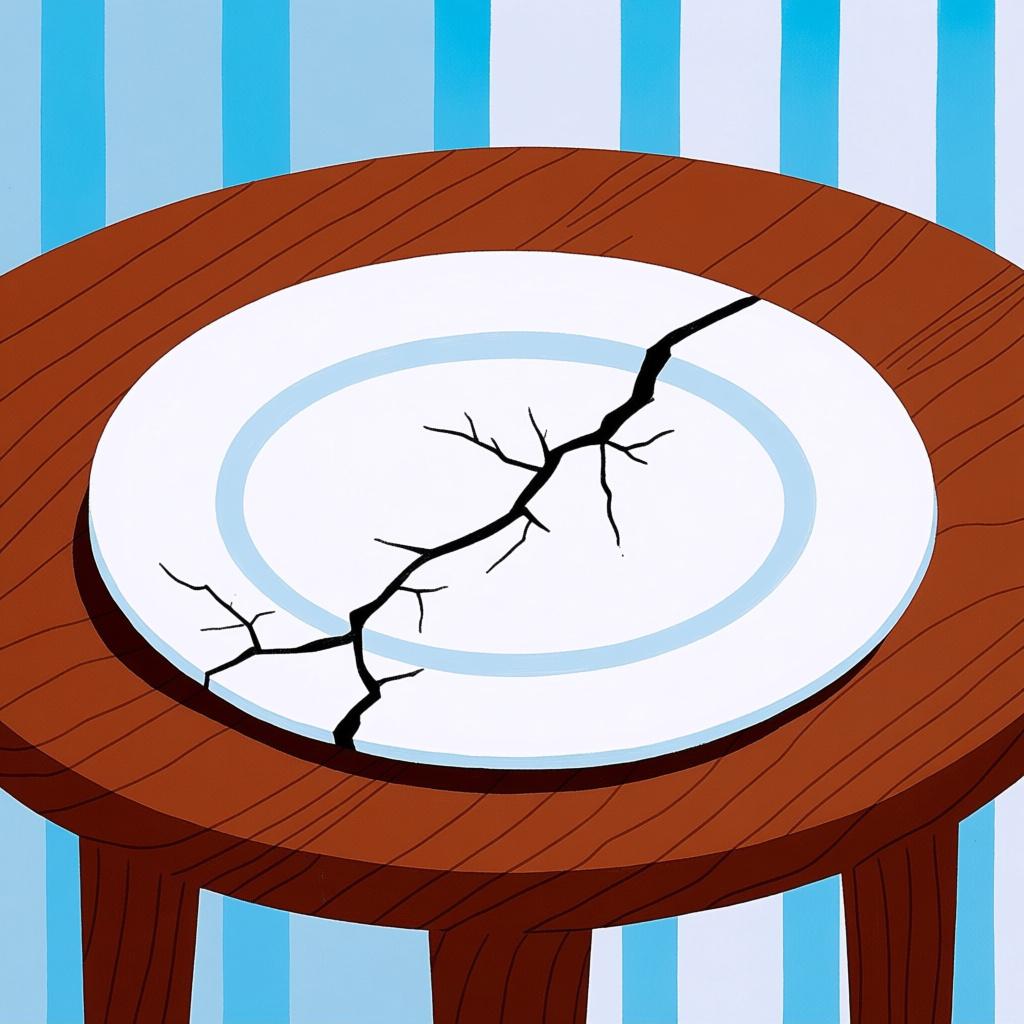 A white ceramic plate lying on a wooden table, clearly cracked across the center, illustrating physical damage.