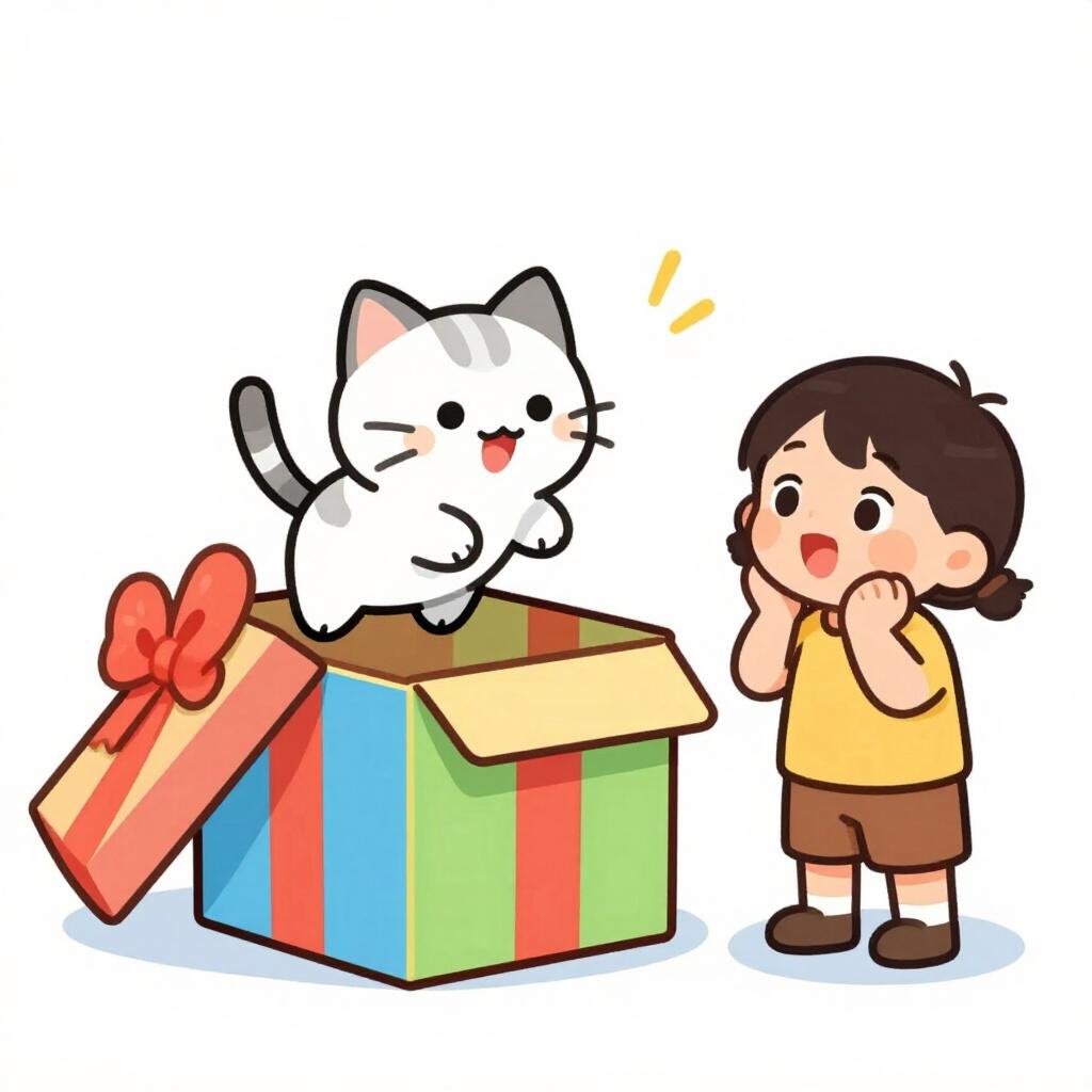Un petit chaton sortant d'une boîte cadeau joliment emballée, surprenant un enfant qui applaudit de joie.