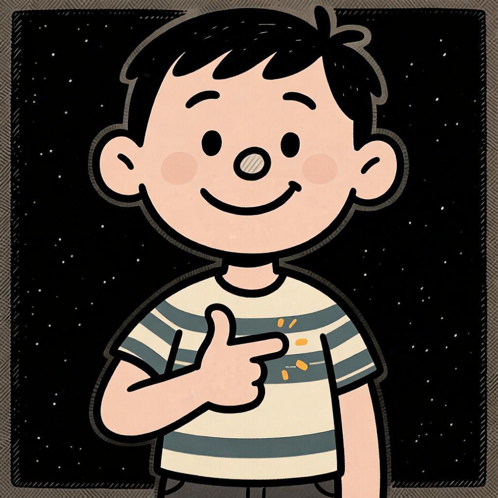 A friendly cartoon person pointing to their own chest with a smile, indicating 'me'.