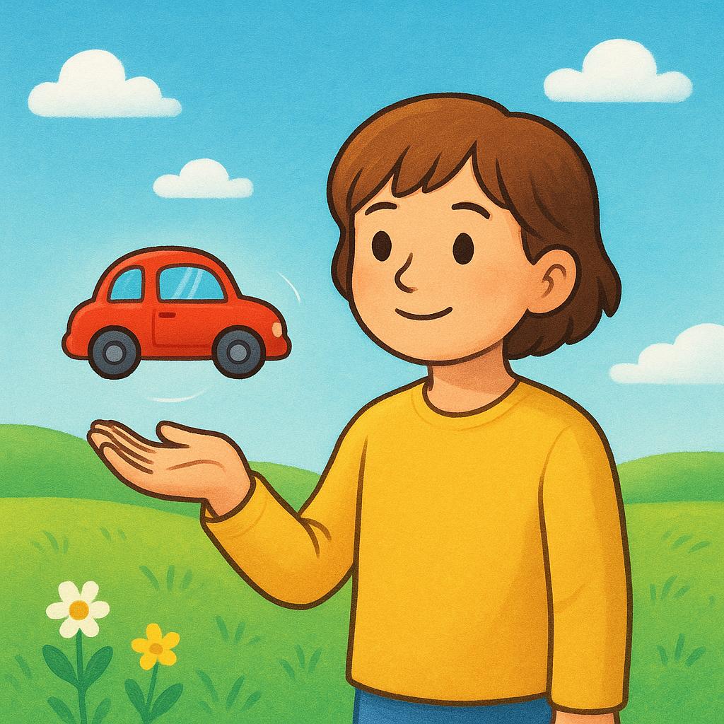 A child standing in a field with an open, expectant hand, looking up at a bright red toy car floating just above their palm, symbolizing future possession.