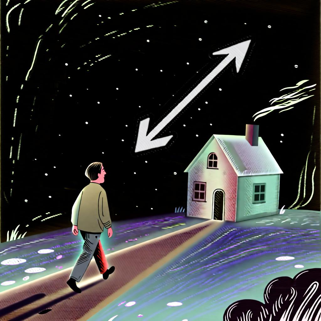 An arrow pointing towards a house, illustrating movement to a destination.