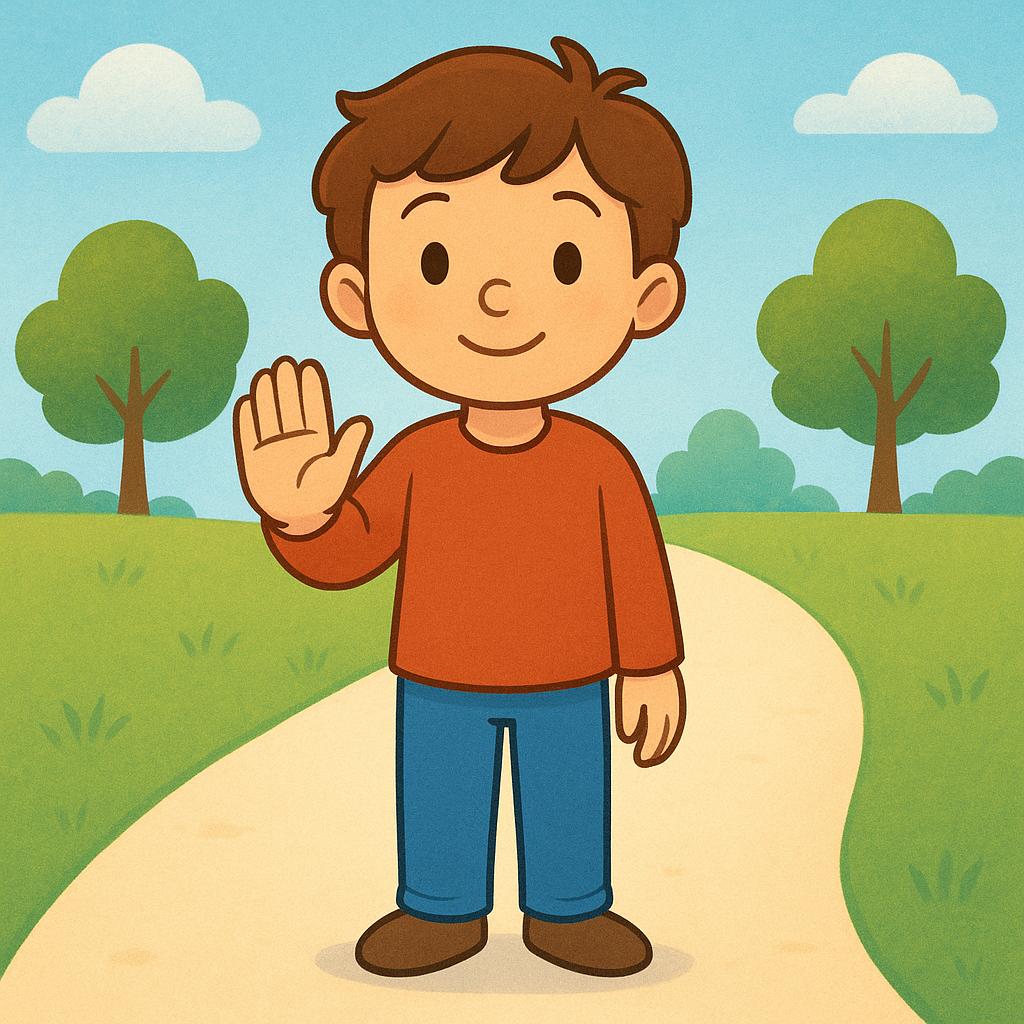 A simplified illustration of a young character standing still on a bright path, raising one hand in a clear signal to pause or wait.