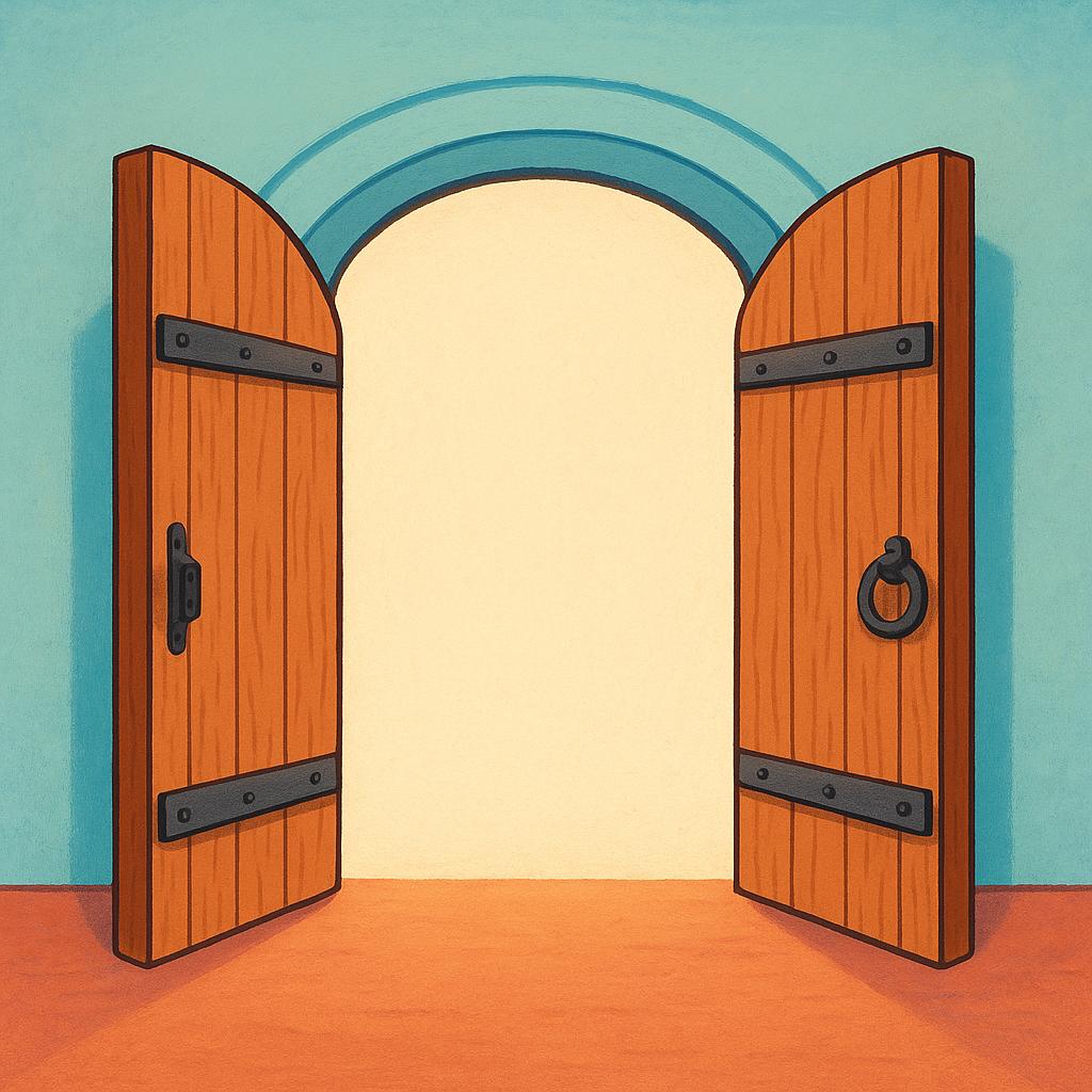 A pair of rustic wooden double doors standing wide open, revealing a bright, inviting space inside.