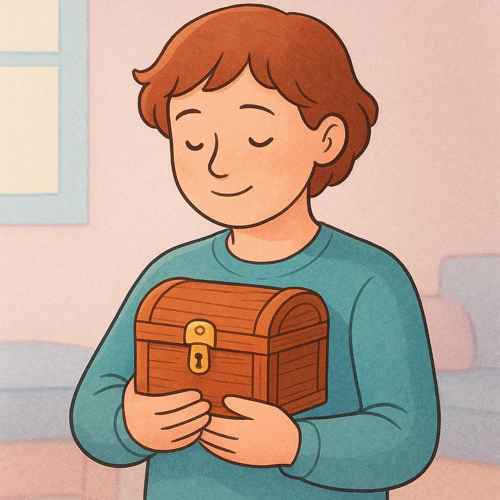 A person holding a small wooden treasure chest tightly in their arms.