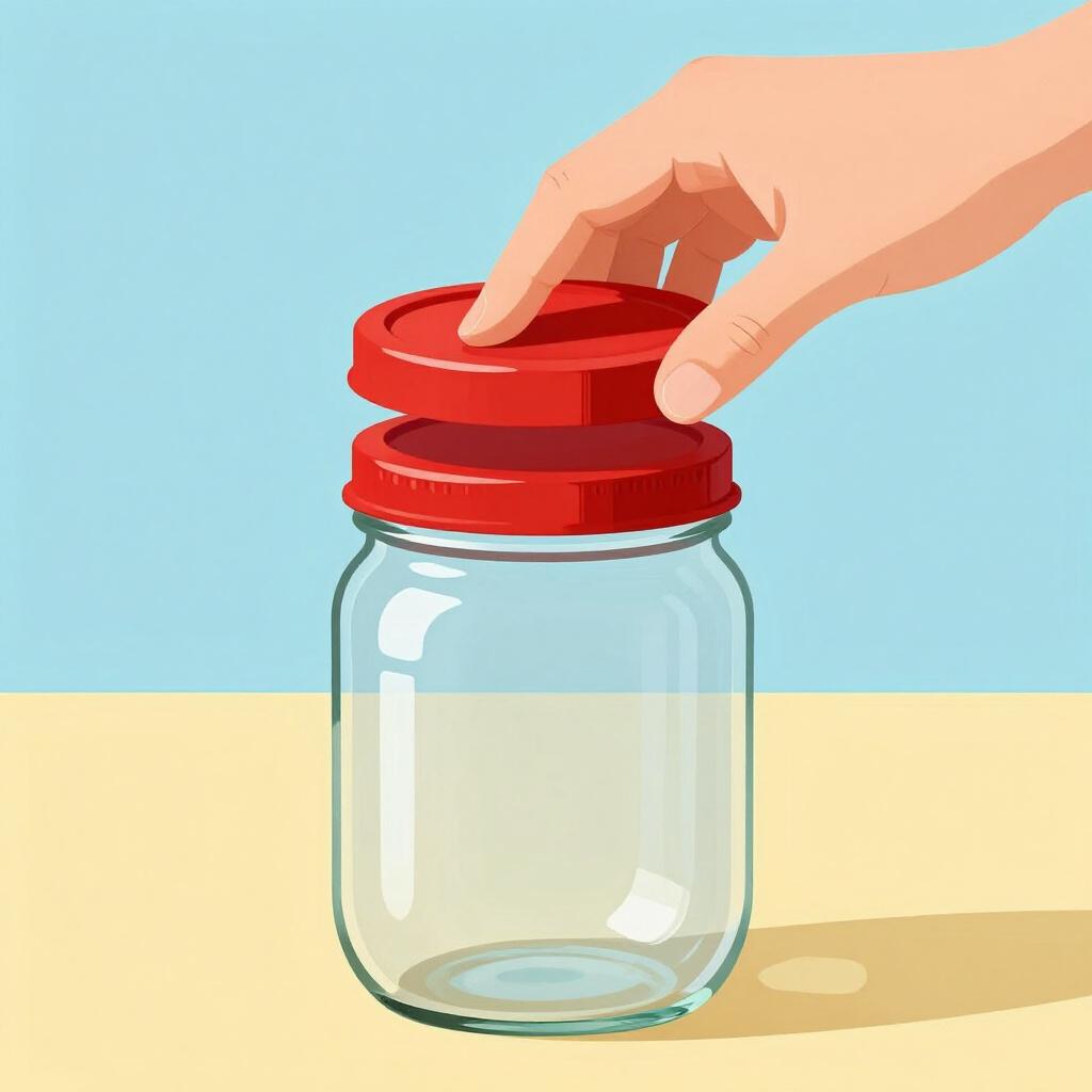 A hand placing a bright red lid on top of a clear glass jar.