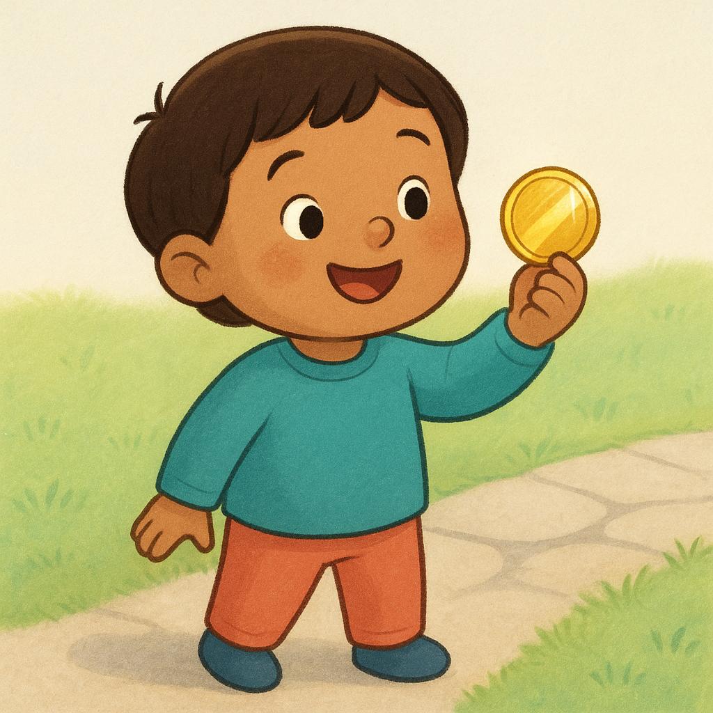 A happy child holding a single, shiny gold coin they have just successfully picked up from the ground.