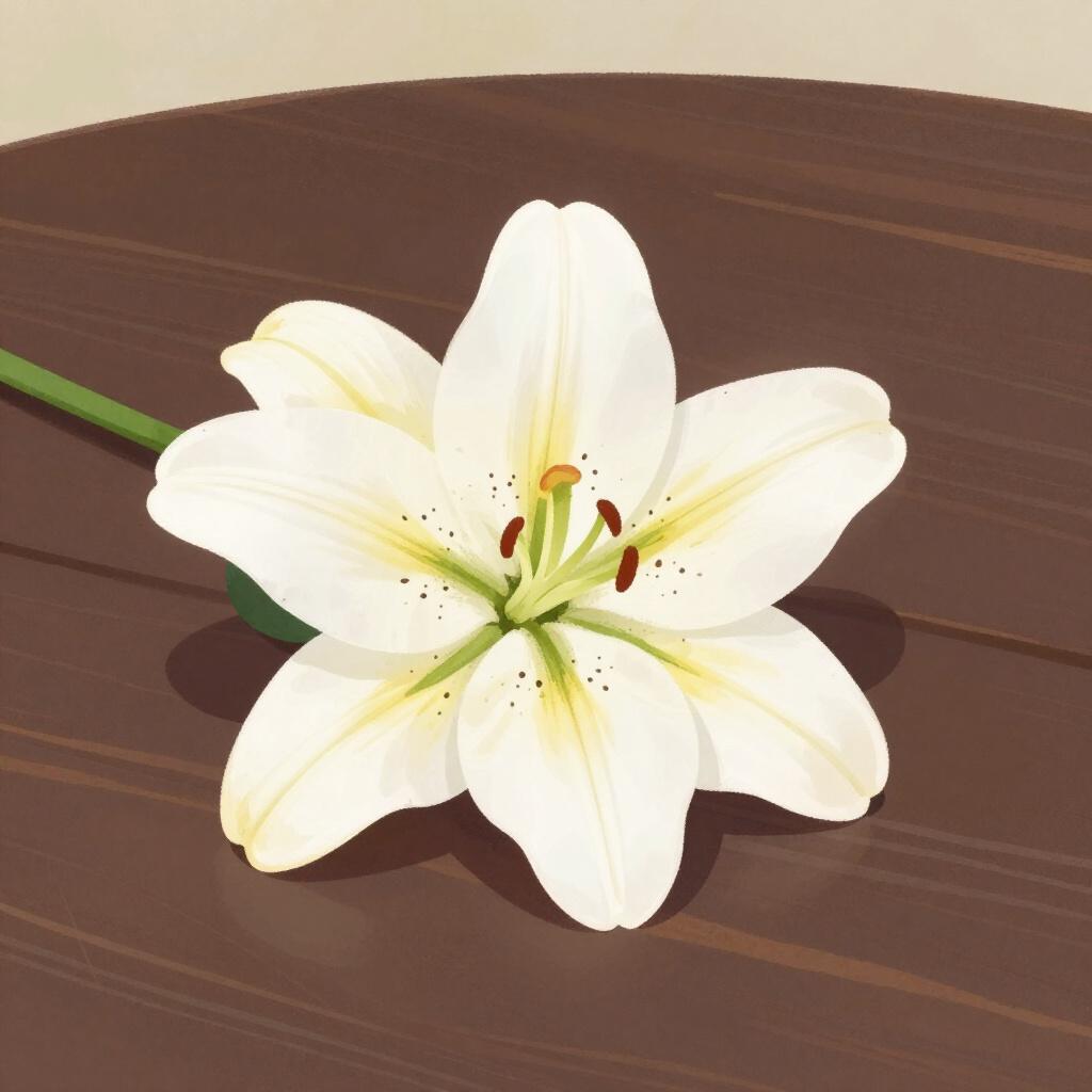 A single white flower lying peacefully on a dark wooden surface.