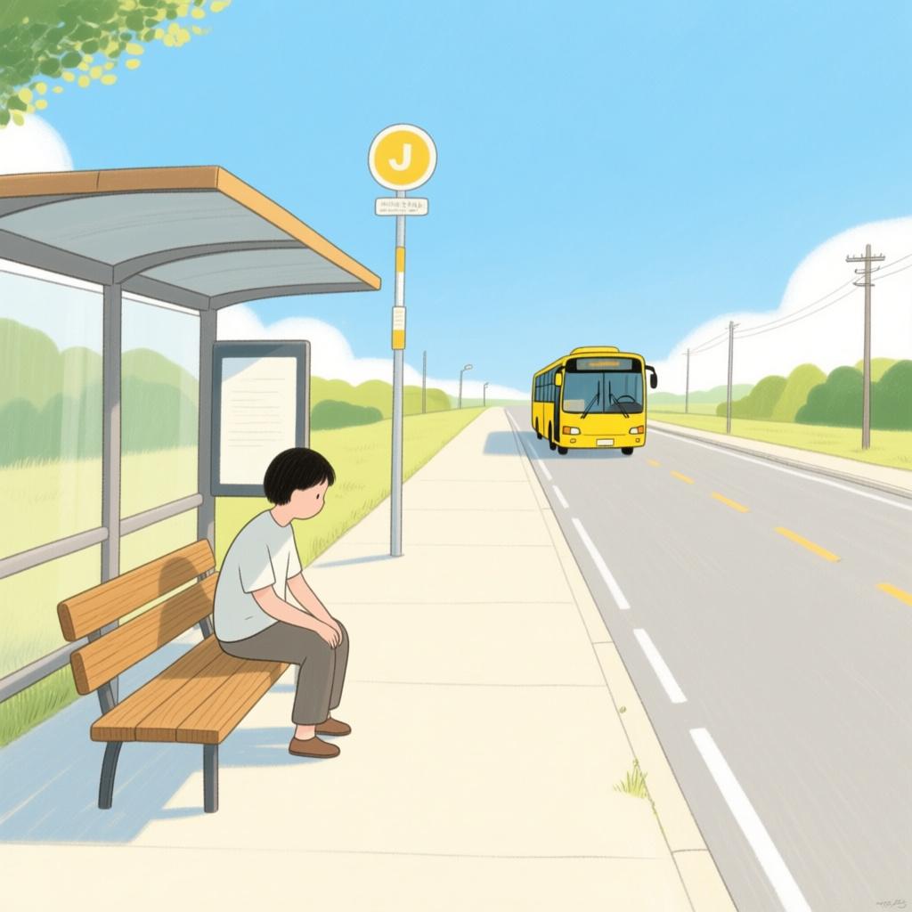 A young child sitting patiently on a small wooden bench at a simple bus stop shelter, looking down an empty road with anticipation.