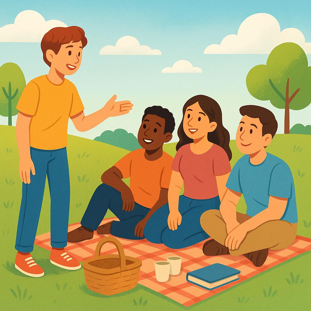 A simple storybook illustration showing one person gesturing toward a small group of three friends, representing the concept of 'you all'.