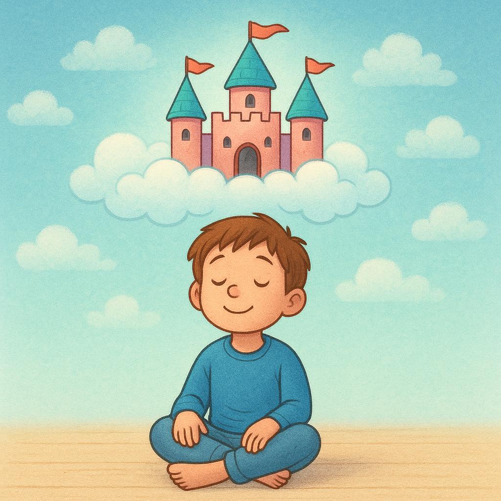 A young boy sitting quietly, looking upward with a thoughtful expression. Above his head, a bright, simple image of a floating castle appears, symbolizing his imagination.