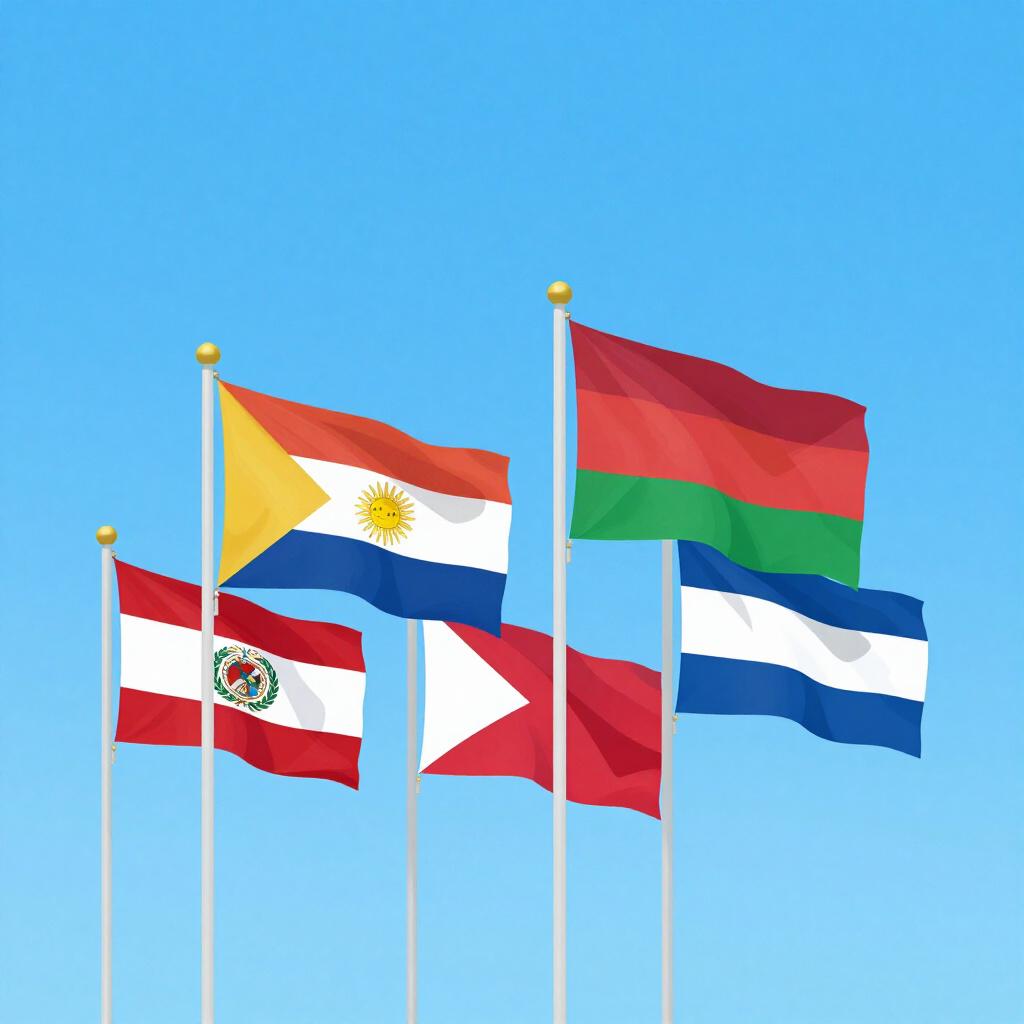 A row of colorful flags representing different nations waving proudly in the wind against a bright blue sky.