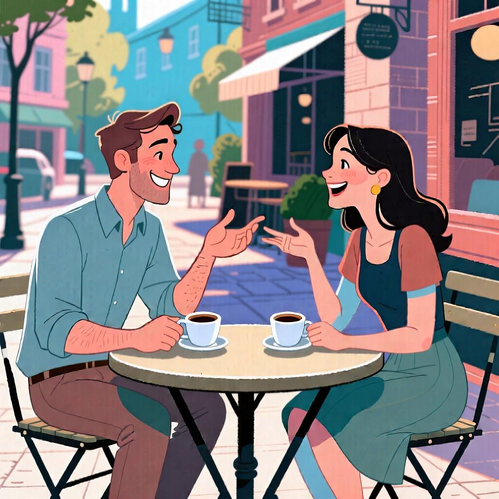 Two friends sitting at a cafe table outdoors, smiling and chatting with each other with coffee cups in front of them.