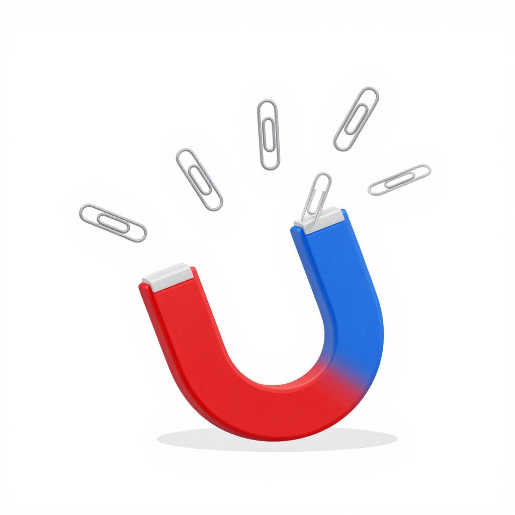 A classic red and blue horseshoe magnet pulling several shiny silver paperclips toward its ends.