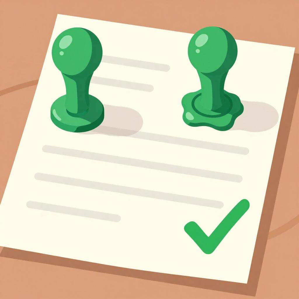 大きな緑色の封蝋と明るいチェックマークのスタンプが付いた紙。