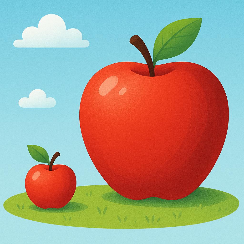 A tiny red apple resting on a patch of grass next to a giant, exaggeratedly large version of the same red apple, illustrating dramatic intensification.