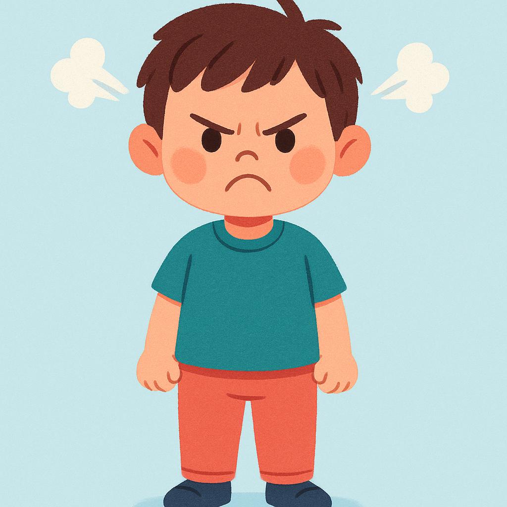 A young child with a furrowed brow, red face, and clenched fists, clearly showing an angry expression.