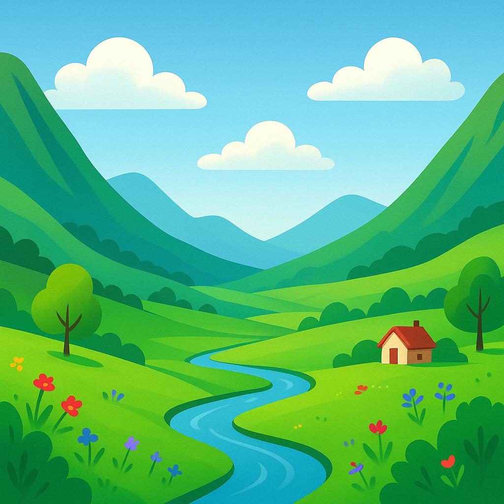 A view of a wide, lush green valley nestled between two large, sloping mountains under a bright blue sky.