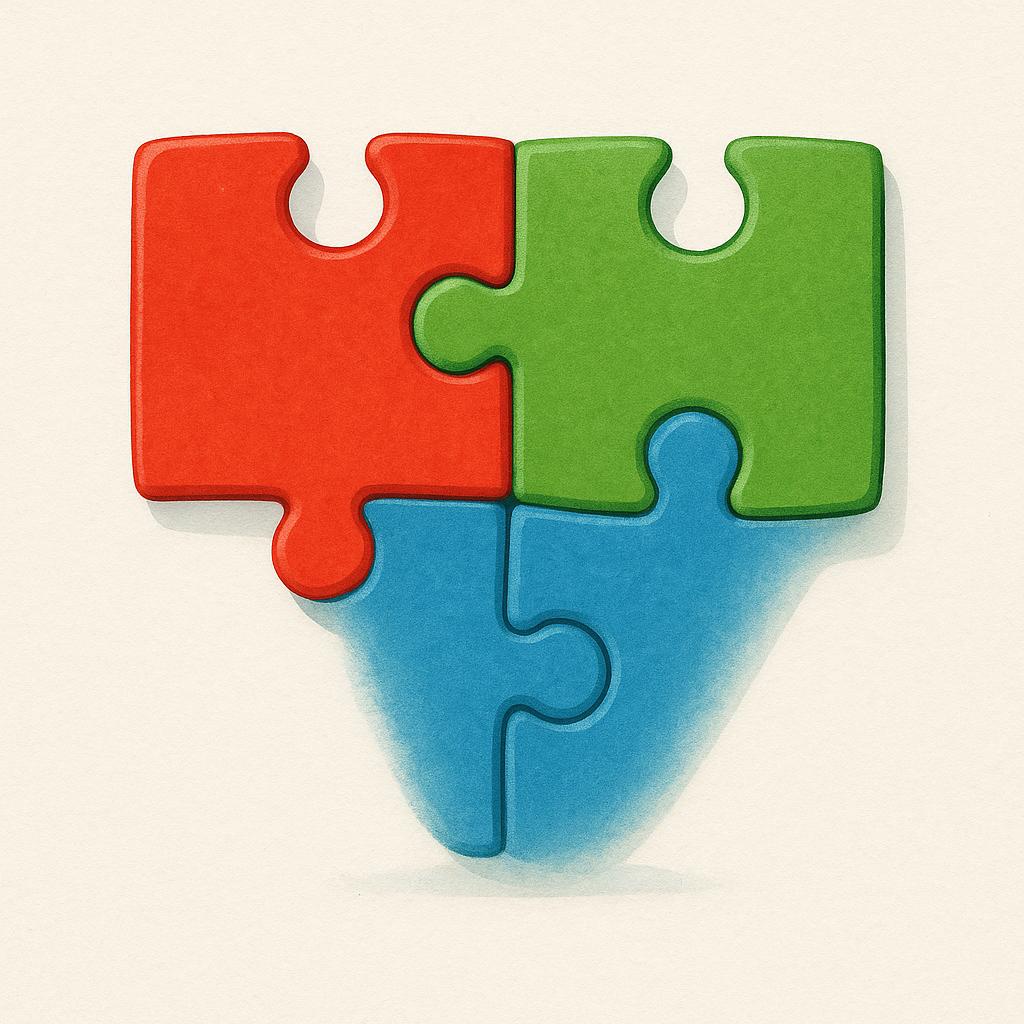 A close-up view of three brightly colored, distinct puzzle pieces fitting together perfectly and seamlessly, symbolizing correctness and truth.