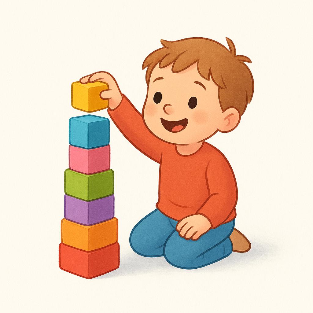 A cartoon illustration of a smiling child easily finishing a tall tower made of colorful wooden blocks by placing the final block on top.