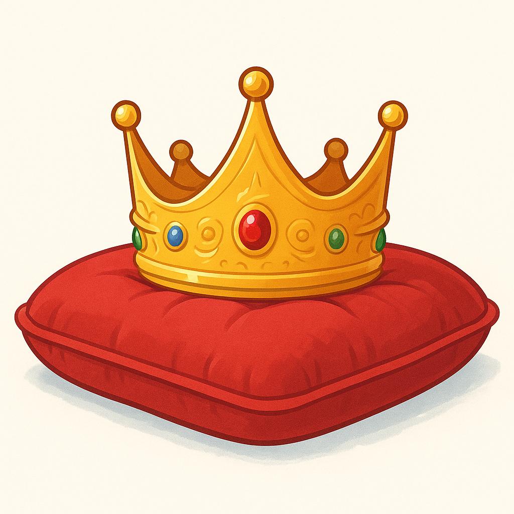 A golden crown resting on a velvet red cushion.