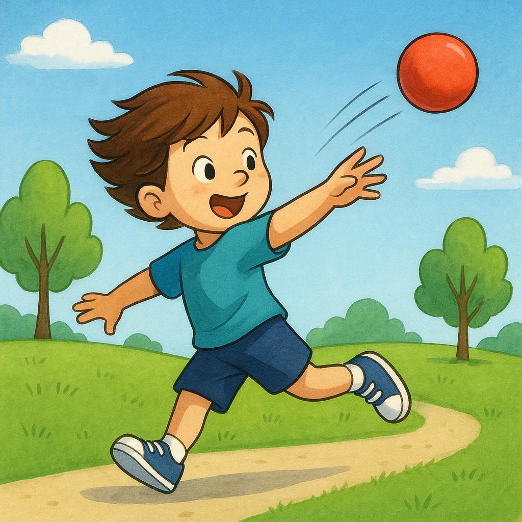 A cartoon child happily throwing a bright red ball high into the air on a sunny day.