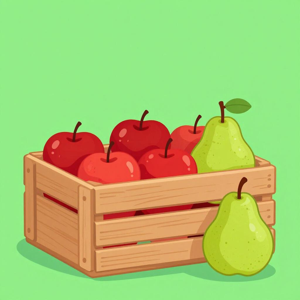 Uma fileira de maçãs coloridas com uma pequena pera verde no final, todas contidas numa única caixa de madeira.