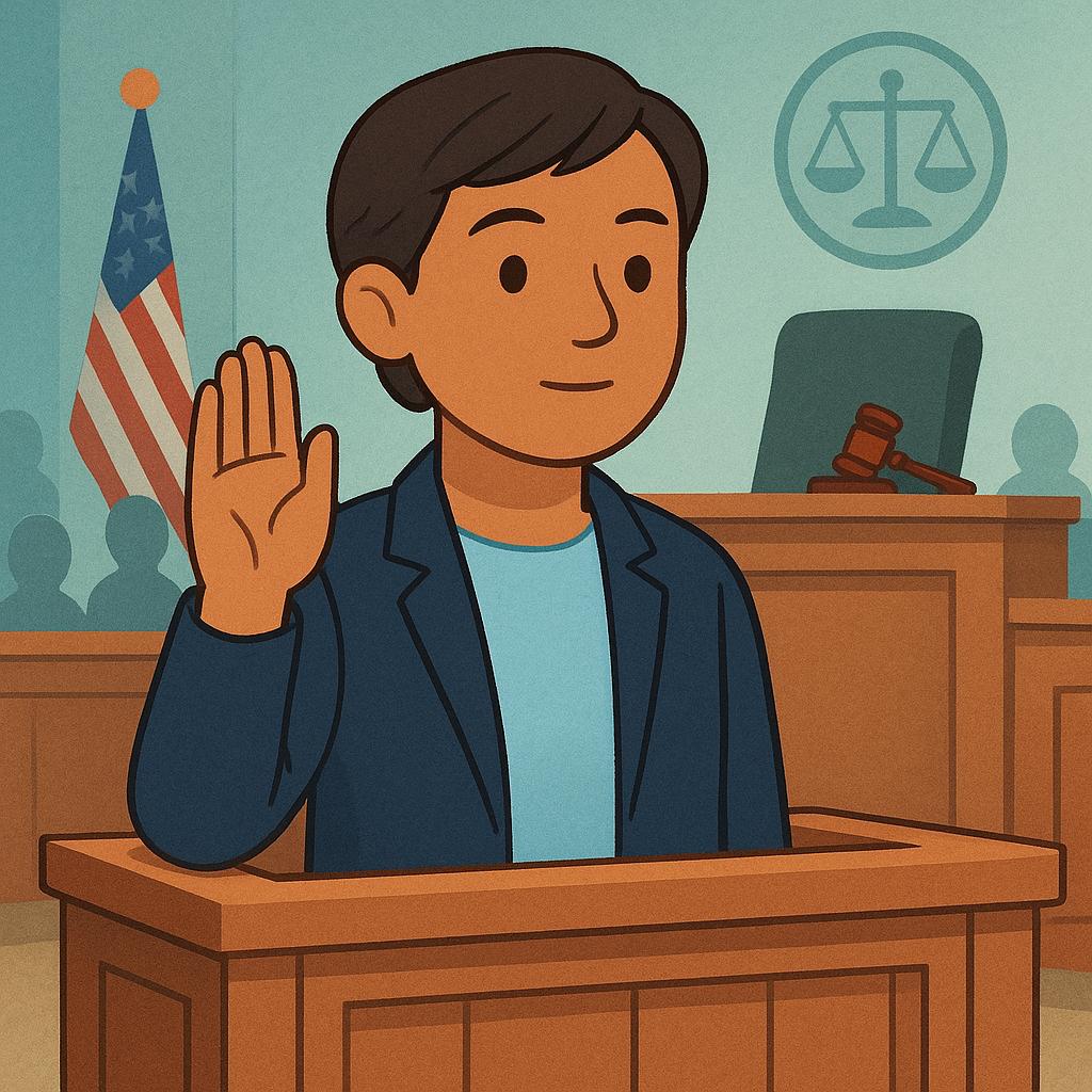 A storybook illustration showing a person standing in a simple wooden witness box in a courtroom, raising their right hand as if giving an oath or evidence.