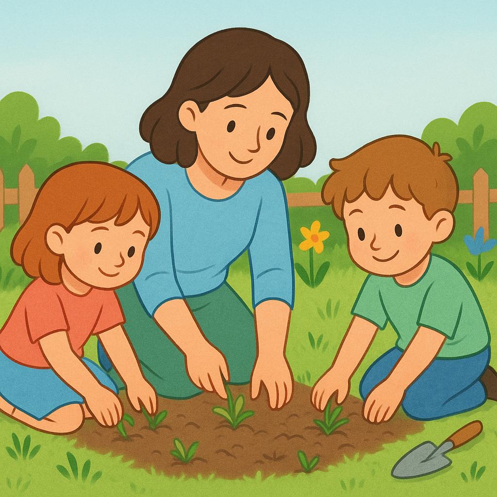 A colorful illustration showing two children and an adult diligently weeding a garden bed, representing an ongoing activity.