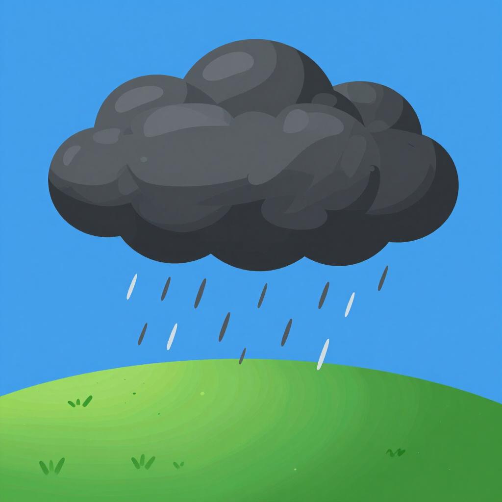 A large, dark storm cloud isolated in a bright sky, raining heavily onto a small green hill.