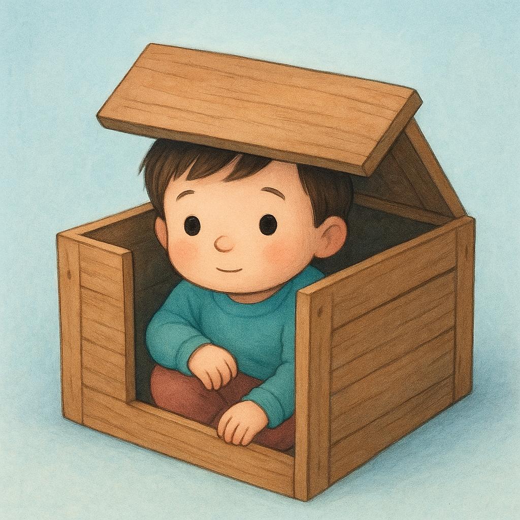 A small child is sitting huddled inside a large, closed wooden crate, looking out through a small gap in the lid, symbolizing physical confinement.