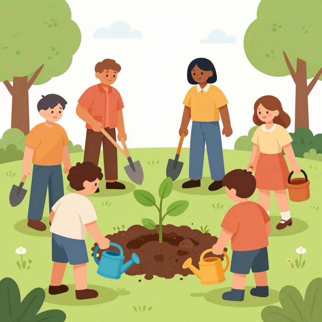A group of people together using gardening tools to plant a small tree in a garden.