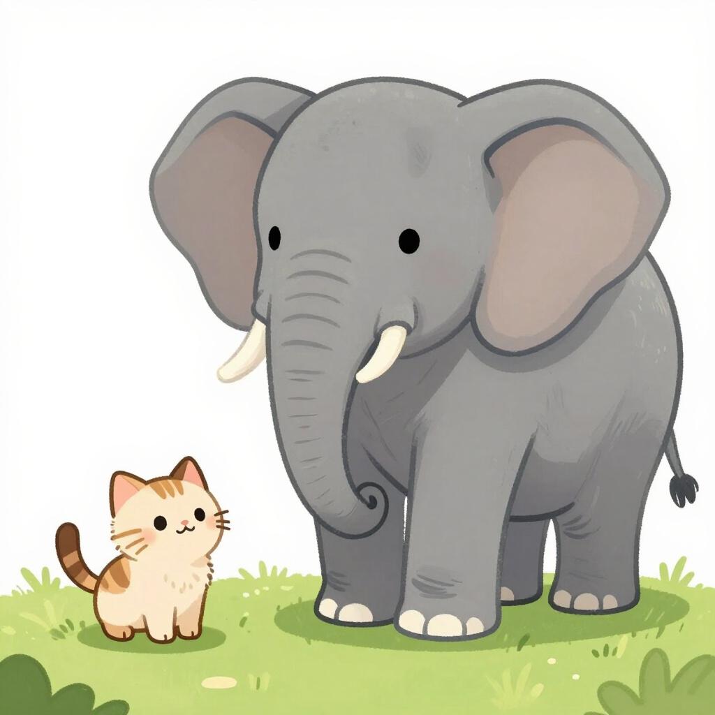 A small kitten standing next to a large adult elephant.