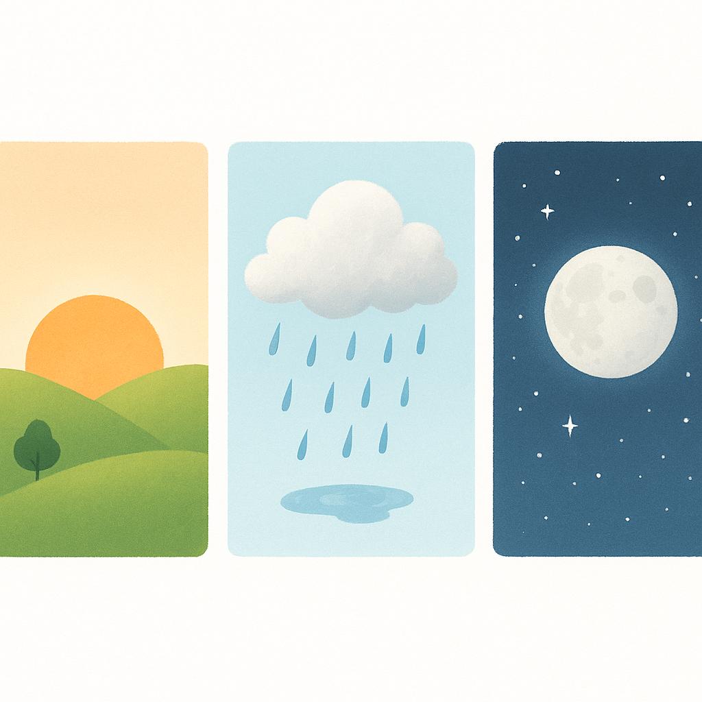 Three distinct, small storybook panels aligned horizontally, showing a sequence of different times: a sunrise, a rain shower, and a full moon.