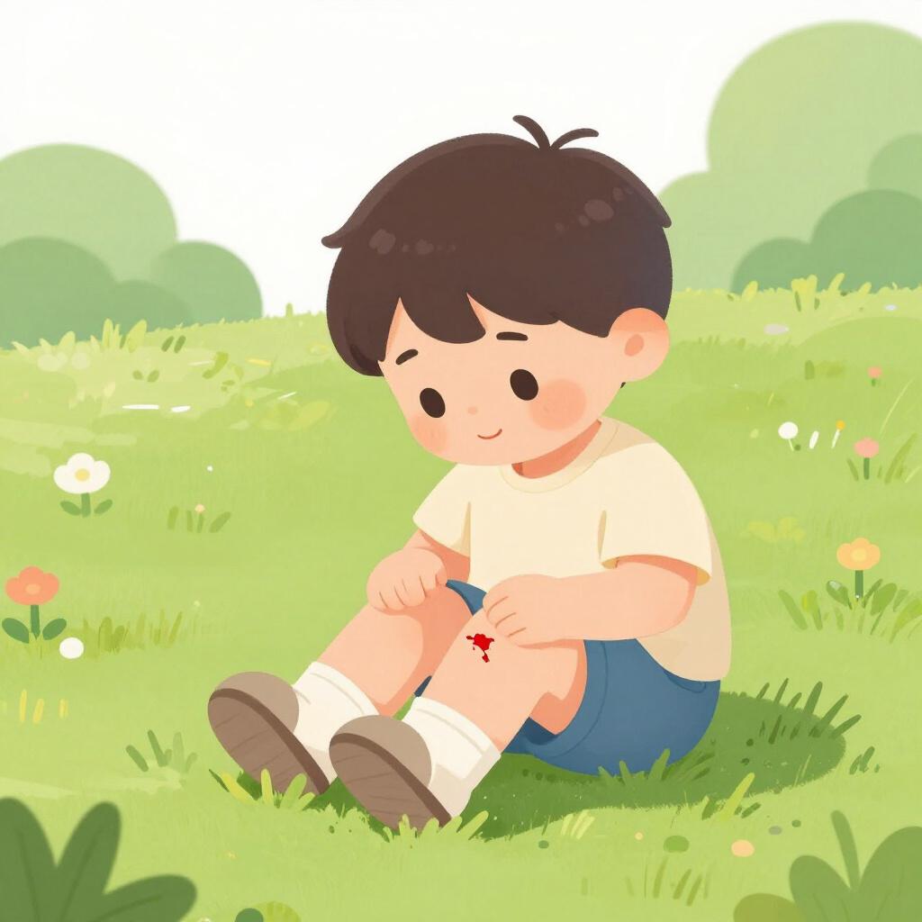 A child sitting on green grass looking down at a small red scrape on their knee.