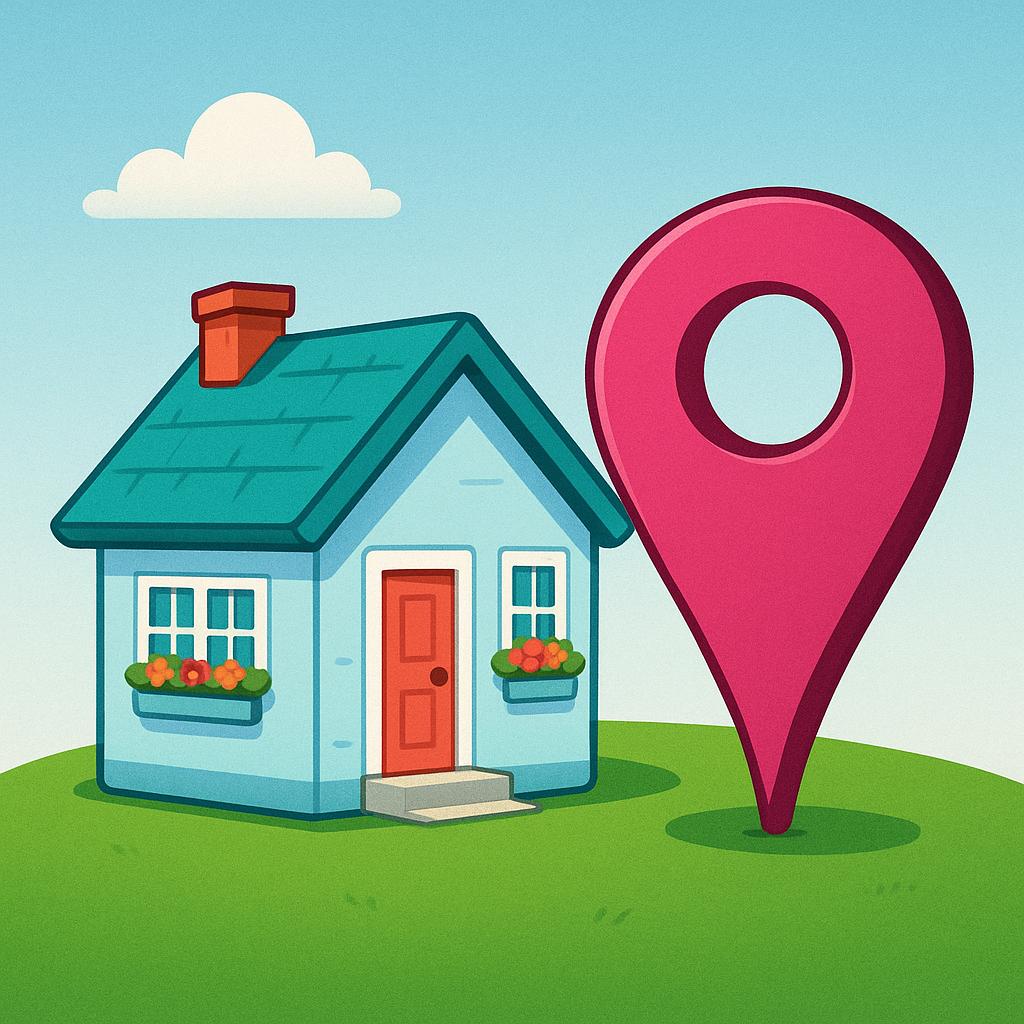 A stylized illustration of a colorful, unique house with a large map pin sticking into the ground right next to it, signifying a specific location.