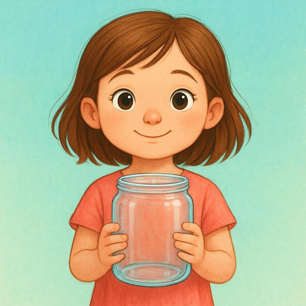 A young girl with a sincere and open expression holding an empty, transparent glass jar directly in front of her chest, symbolizing honesty and having nothing to hide.