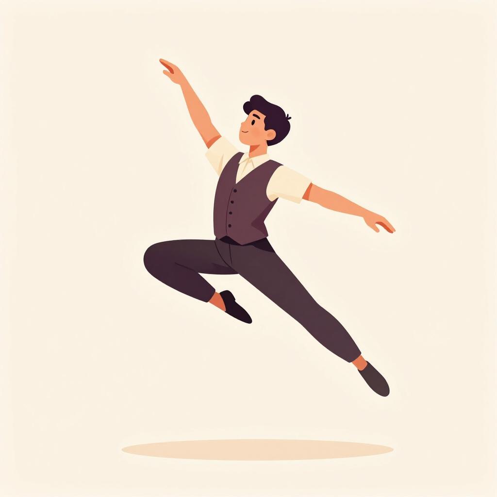 A male dancer wearing a simple vest and trousers performing a graceful leap in the air.