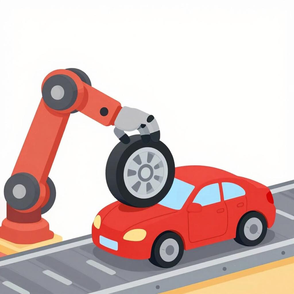 A robotic arm assembling a red toy car on a conveyor belt.