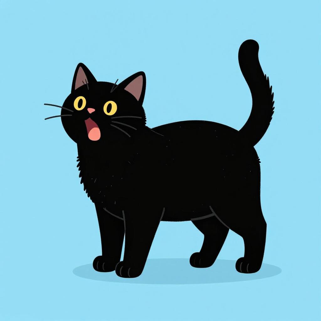 A fluffy black cat with an arched back and bared teeth, making a hissing expression.