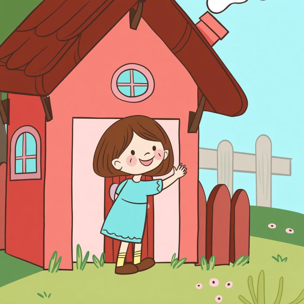 A joyful girl standing next to a small, brightly colored storybook cottage, placing her hand firmly on the wall to show ownership.