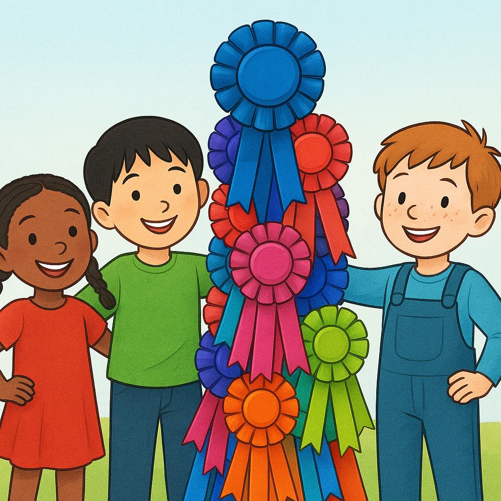 A storybook illustration showing three happy children standing protectively next to a tall pile of colorful, braided ribbons.
