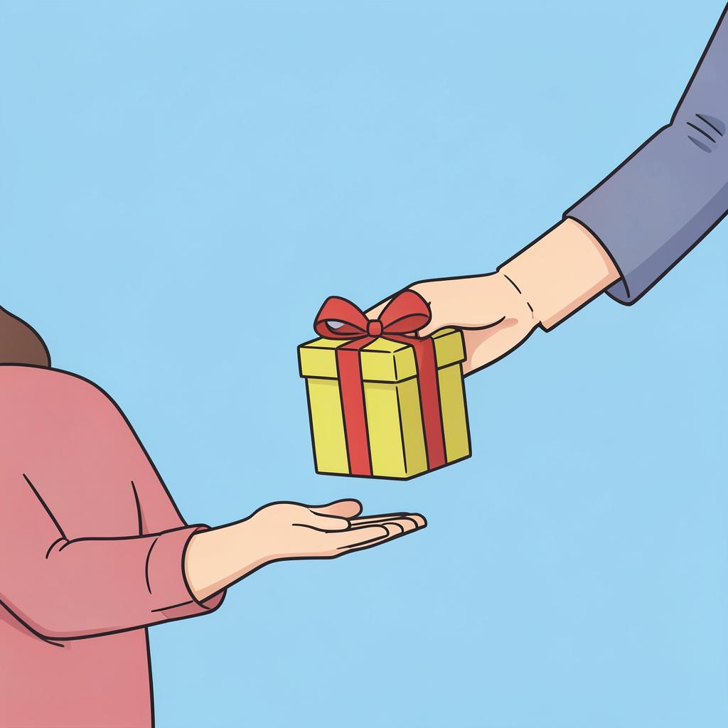 A person gently holding their hand up in a stop gesture, declining a gift offered by another person.