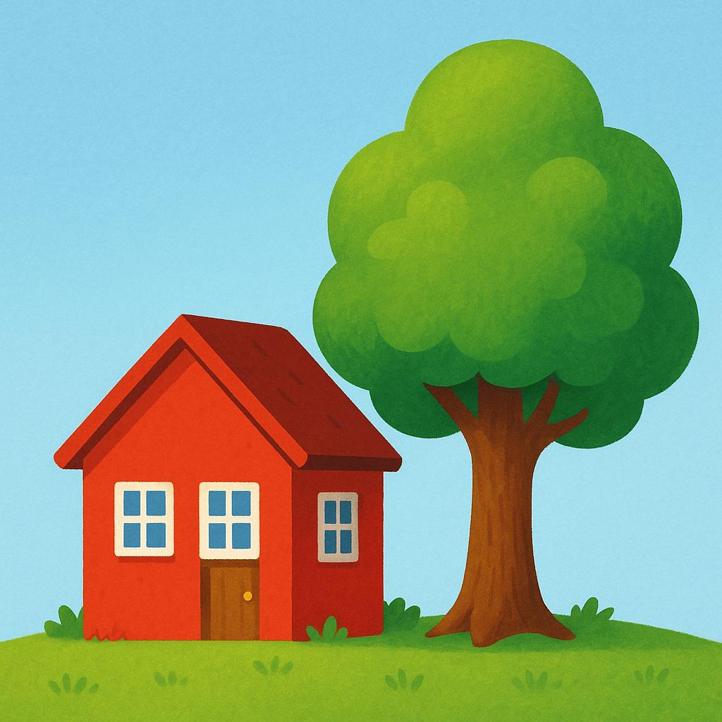 A small red house standing immediately next to a tall, lush green tree in a bright field.