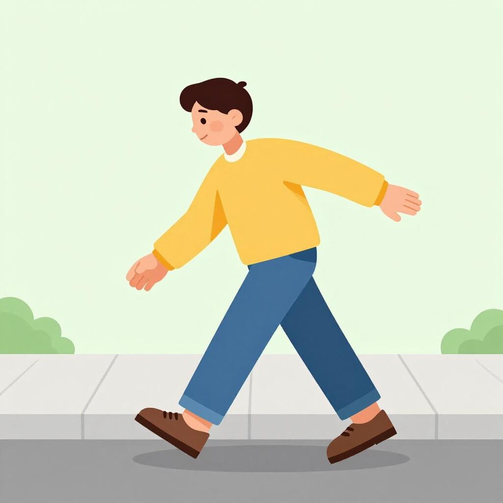 A person walking unevenly and losing their balance on a sidewalk.