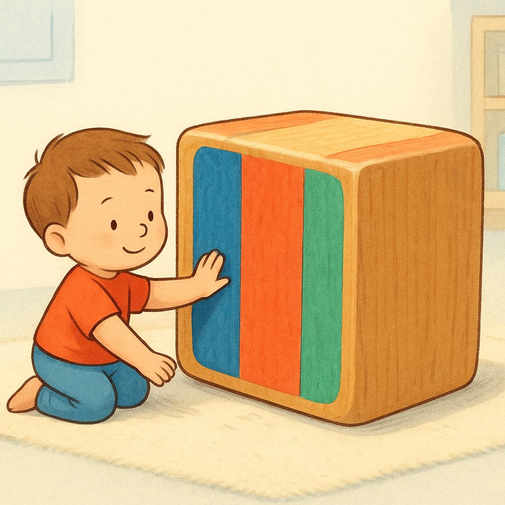 A small child gently pushing a large wooden block forward only a few millimeters, illustrating a minimal action.