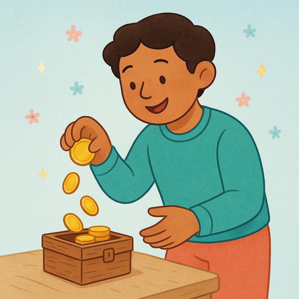 A smiling character putting golden coins into a small, open wooden treasure chest.