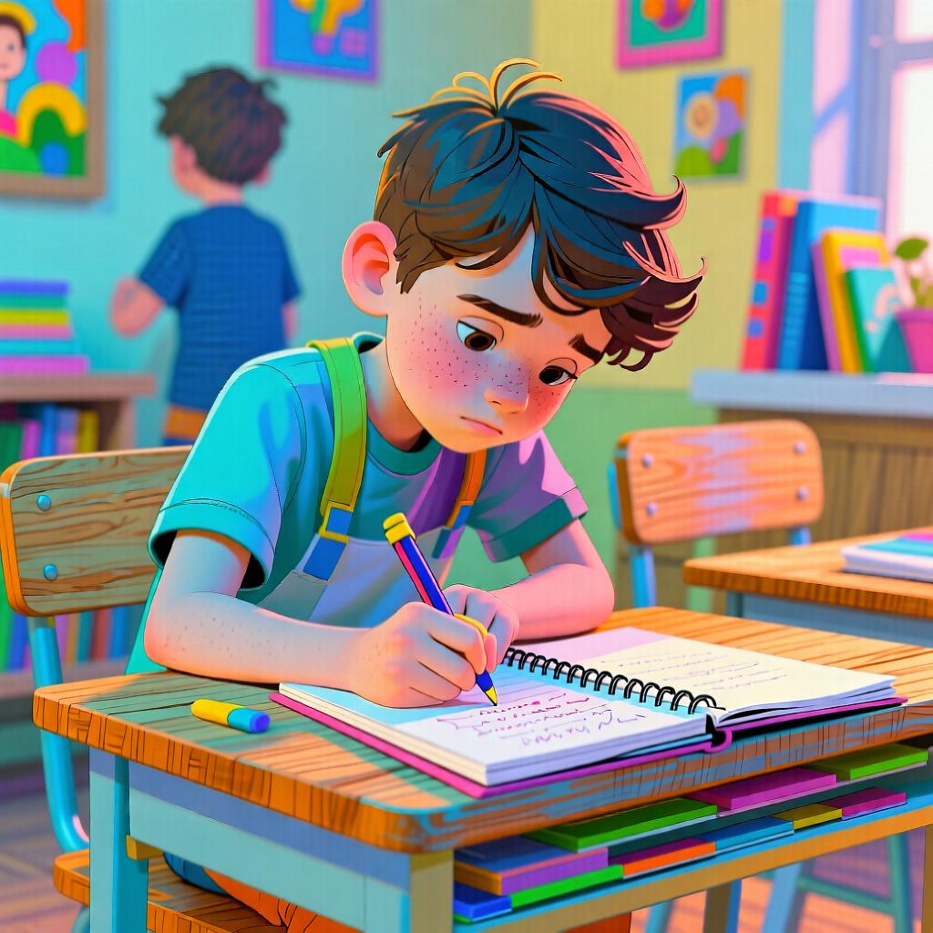A young student diligently completing schoolwork at a wooden desk, illustrating personal obligation.